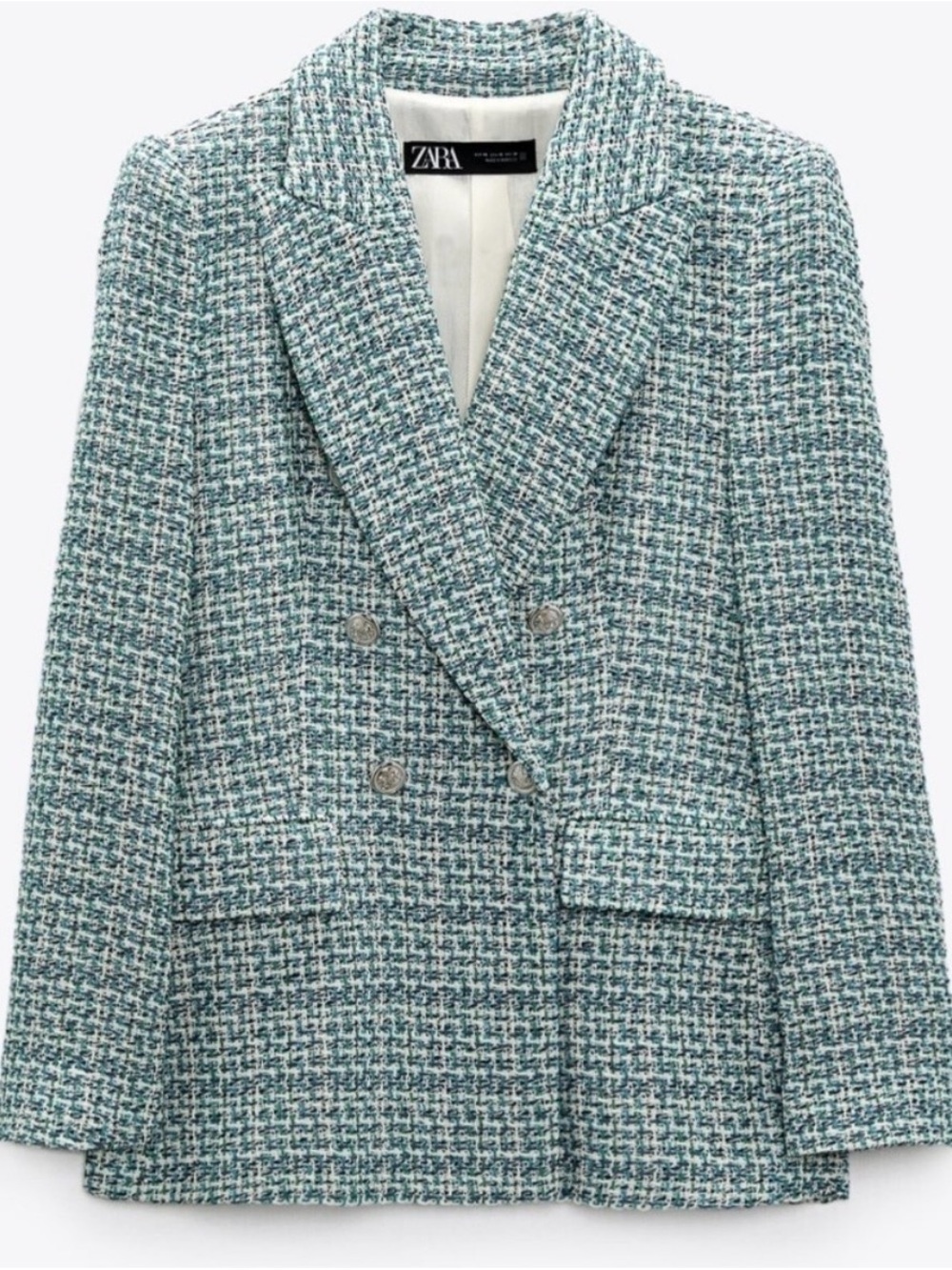 ZARA Women's Teal Textured Tweed Double-Breasted Blazer